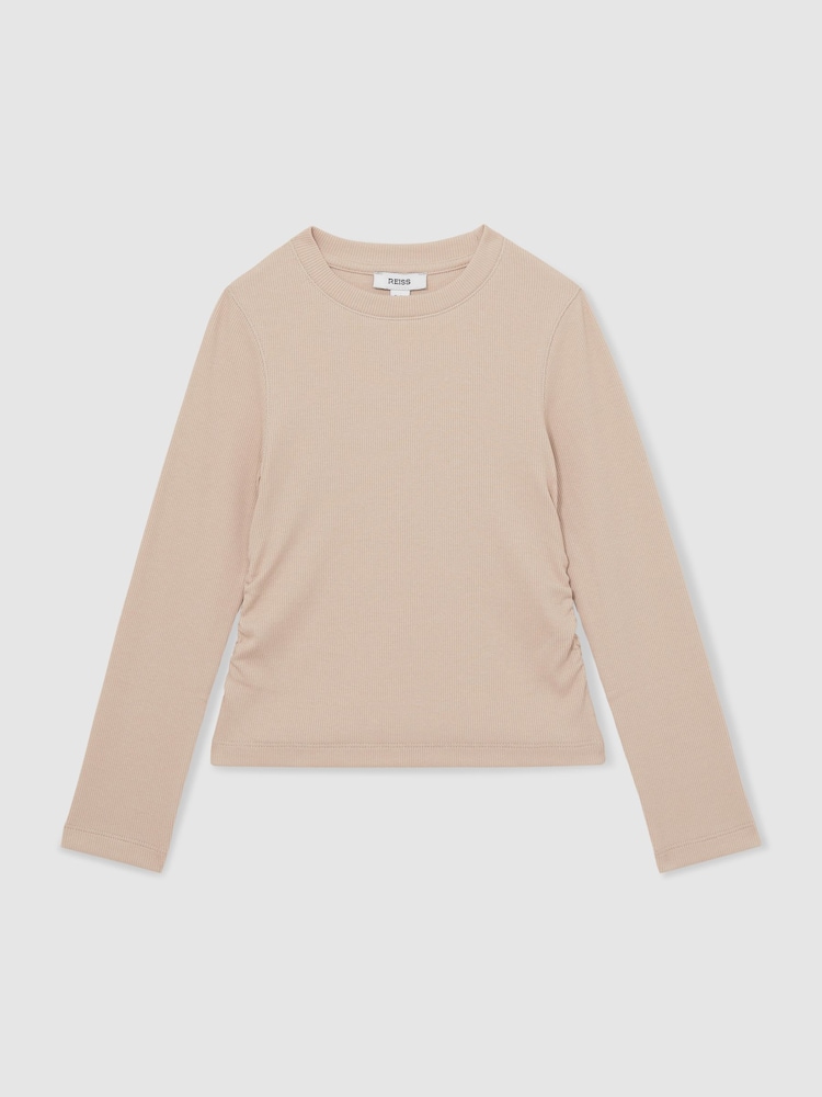 Reiss Tan Trina Cotton-Jersey Ruched Long-Sleeve T-Shirt - Image 1 of 4