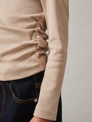 Reiss Tan Trina Cotton-Jersey Ruched Long-Sleeve T-Shirt - Image 3 of 4