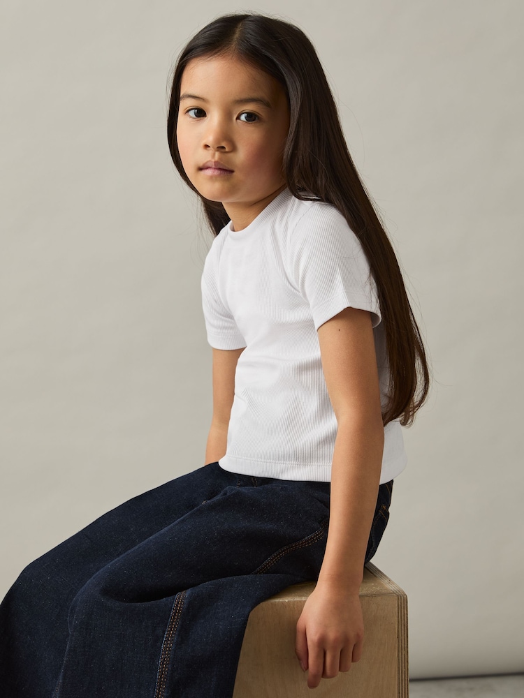 Reiss Ivory Victoria 4-9 yrs Cotton-Jersey Ribbed Short-Sleeve T-Shirt - Image 1 of 4