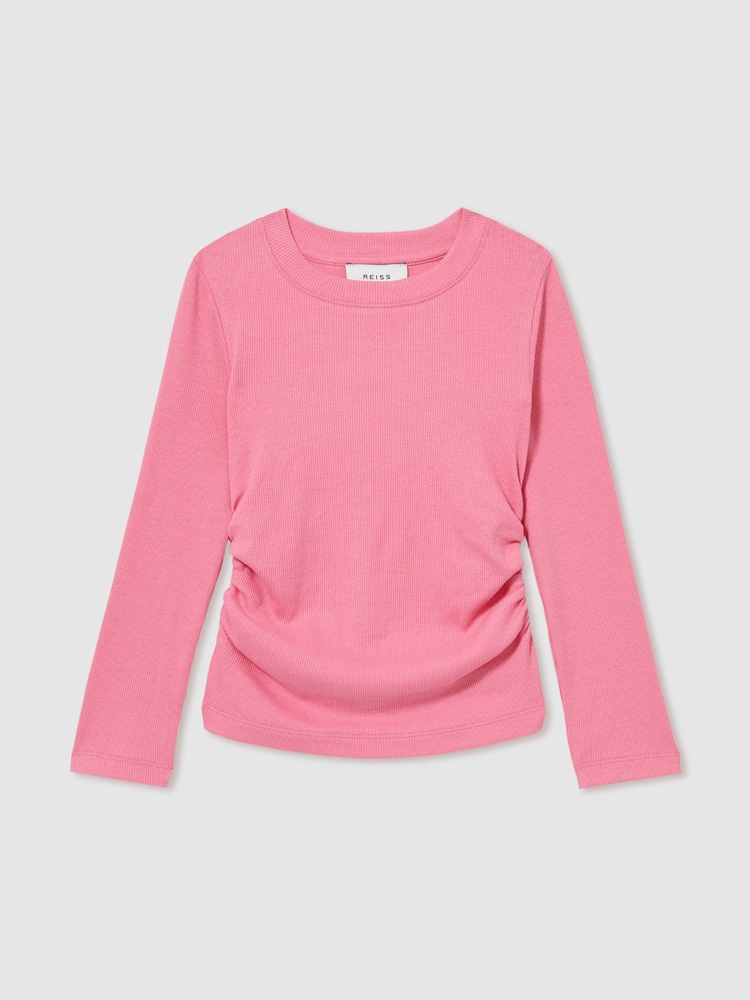 Rosa - Reiss Trina Cotton-Jersey Ruched Long-Sleeve T-Shirt - Imagen 1 de 4