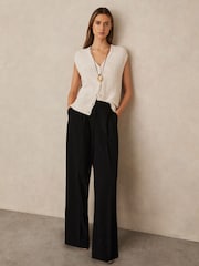 Reiss Black Eden Petite Elasticated-Waist Wide-Leg Twill Trousers - Image 1 of 7