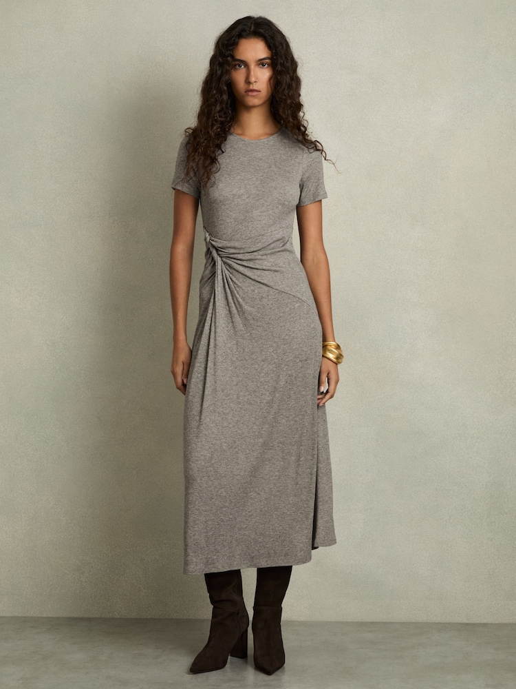 Reiss Grey Hadley Jersey Twist-Detail Midi Dress - Image 1 of 6