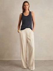 Reiss Cream Eden Petite Elasticated-Waist Wide-Leg Twill Trousers - Image 1 of 7