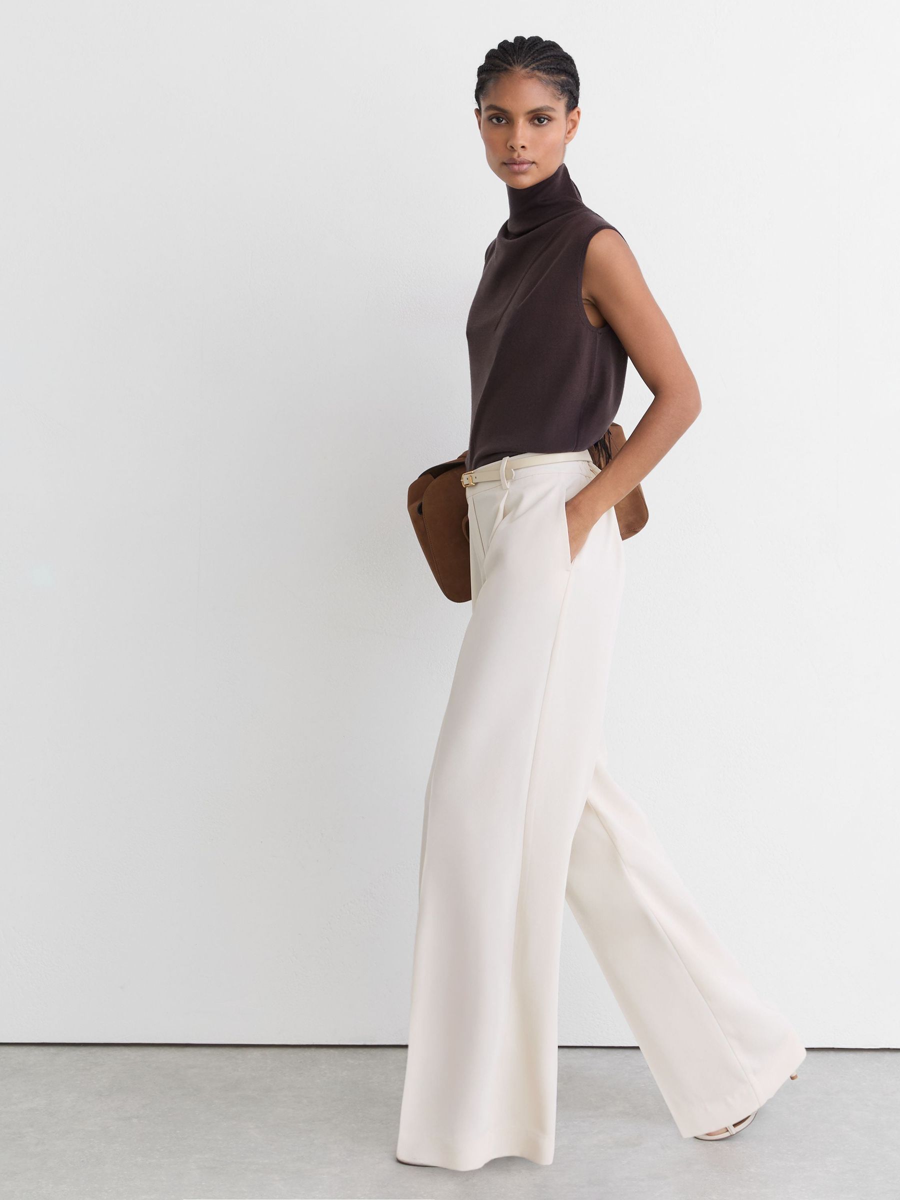 Buy Reiss Cream Eden Petite Elasticated-Waist Wide-Leg Twill