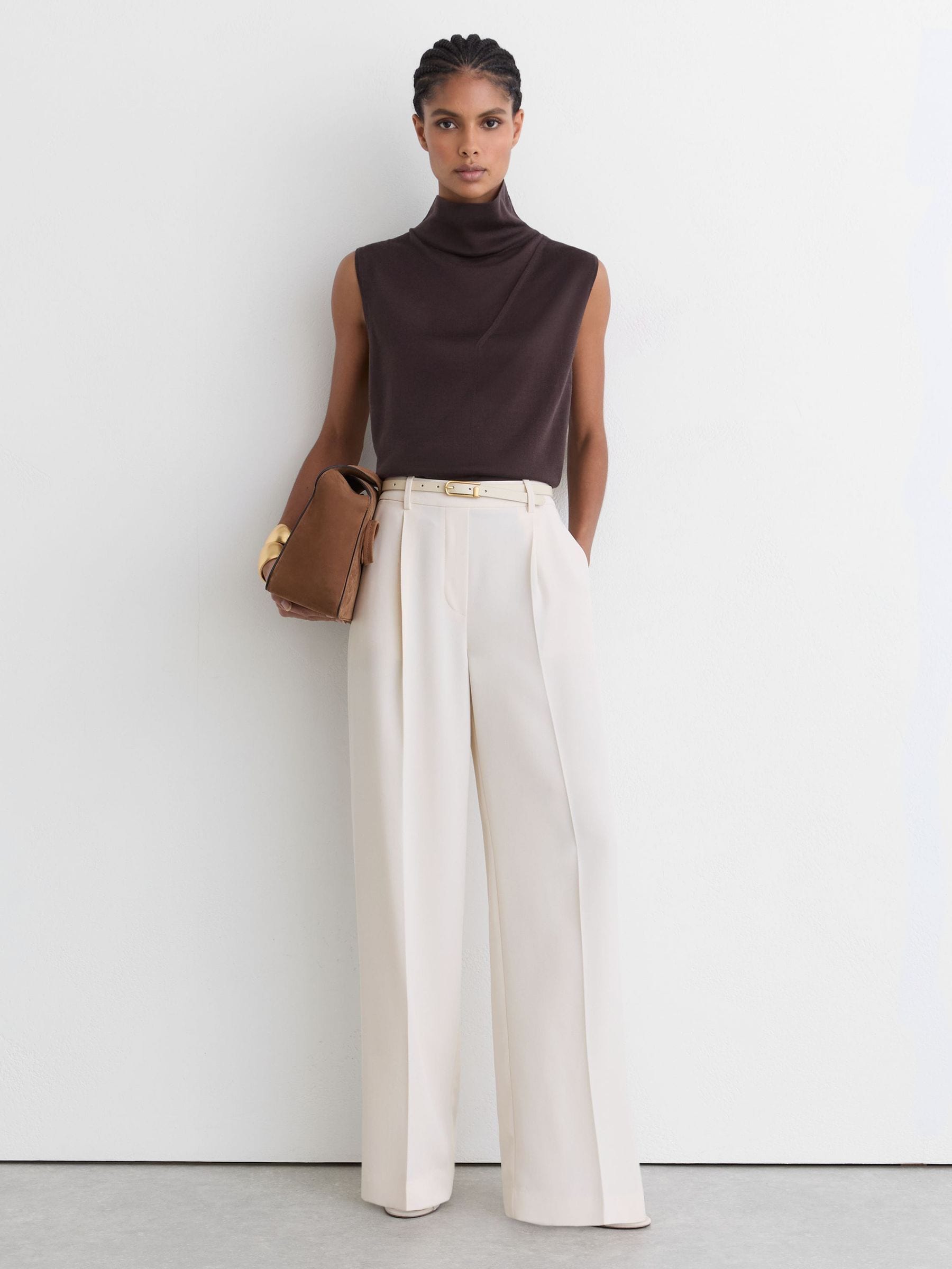 Buy Reiss Cream Eden Petite Elasticated-Waist Wide-Leg Twill