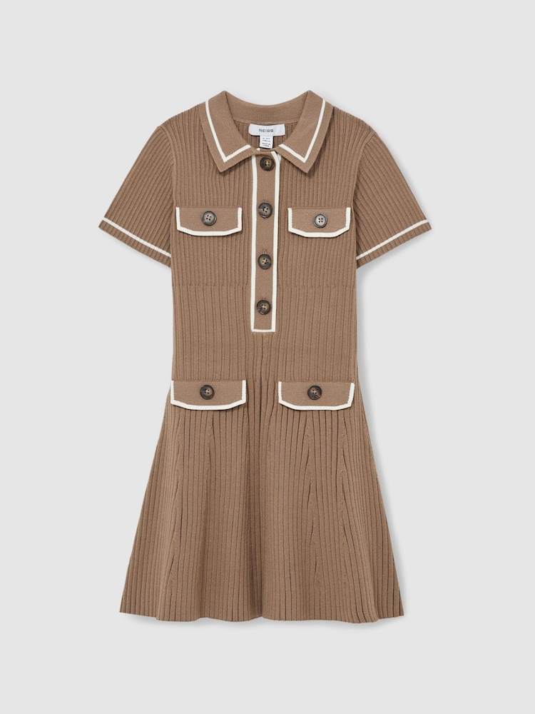 Reiss Brown Sofia 13-14 yrs Rib-Knit Button-Down Dress - Image 1 of 4