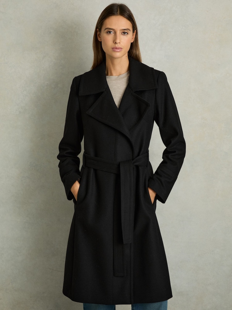Reiss Black Rae Petite Wool Blend Belted Double Breasted Coat With Cashmere - Image 1 of 7