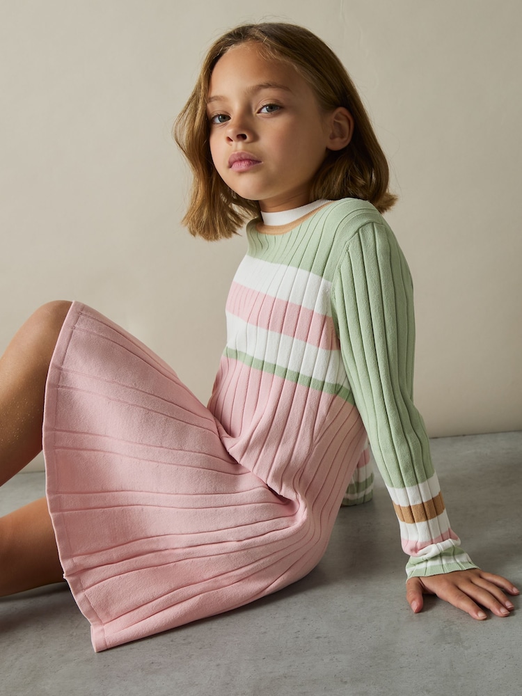 Reiss Pink Polly 9-13 yrs Colour-Block Rib-Knit Skater Dress - Image 1 of 4
