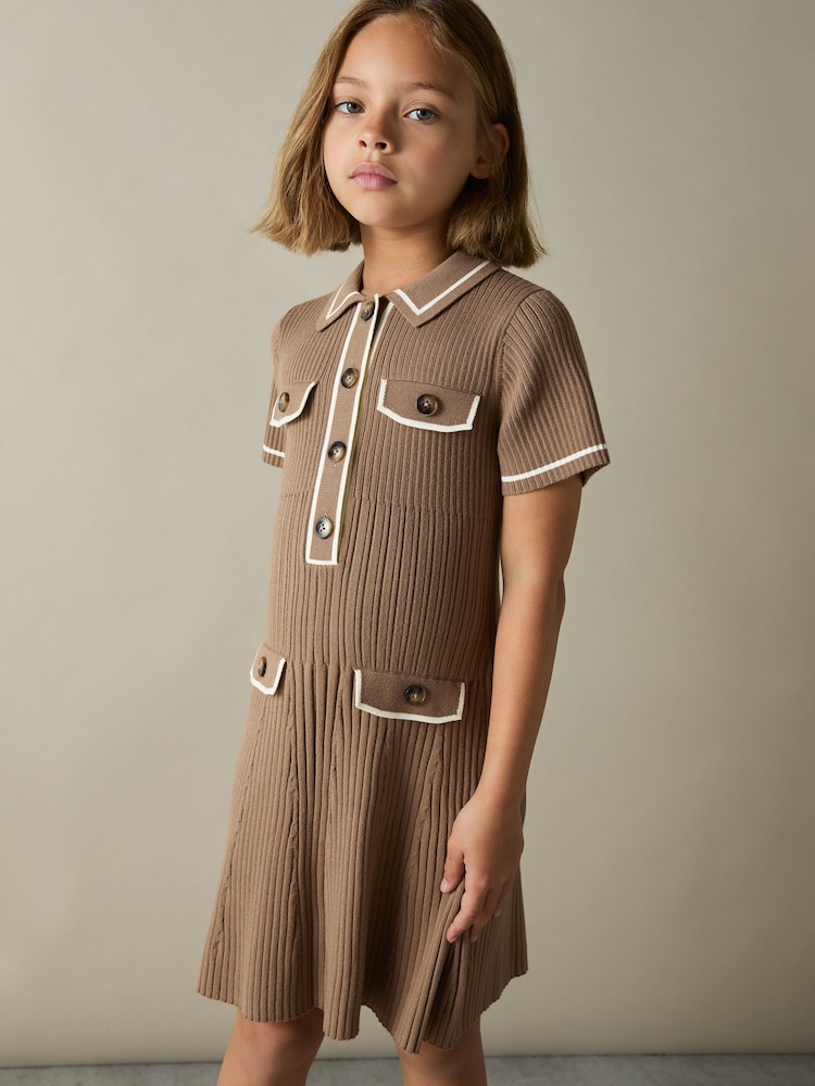 Reiss Brown Sofia 9-13 yrs Rib-Knit Button-Down Dress - Image 1 of 4