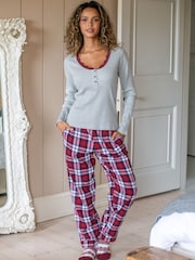 Pour Moi Red Rib Jersey Lace Trim Henley Top And Check Trousers Pyjamas Set - Image 1 of 4