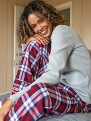 Pour Moi Red Rib Jersey Lace Trim Henley Top And Check Trousers Pyjamas Set - Image 3 of 4