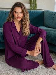 Pour Moi Purple Bamboo Jersey Button Through Revere Collar Pyjamas Set - Image 1 of 4