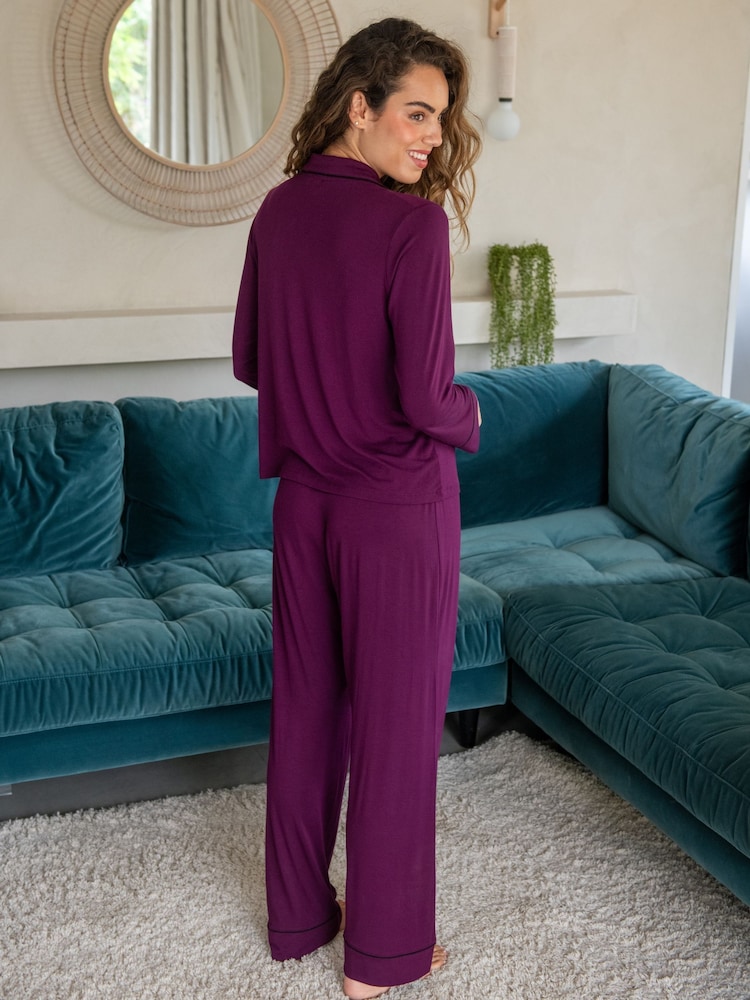 Pour Moi Purple Bamboo Jersey Button Through Revere Collar Pyjamas Set - Image 2 of 4