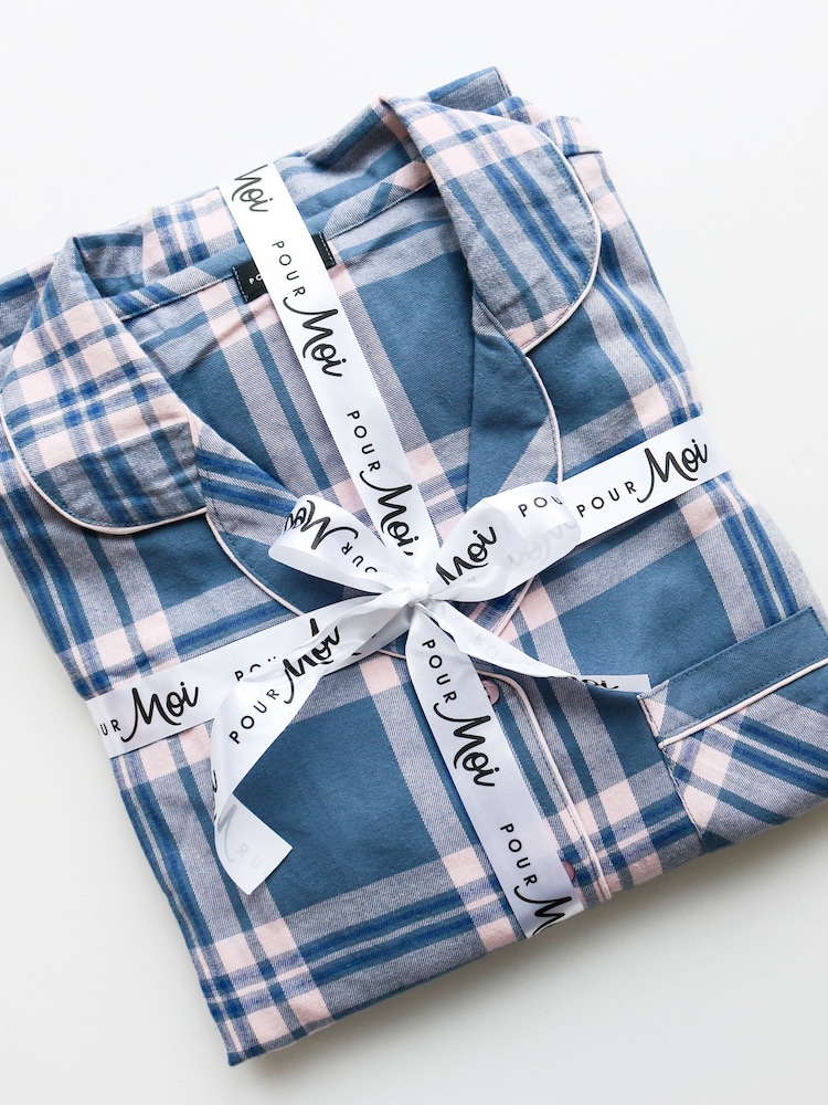 Pour Moi Blue Cosy Check Brushed 100% Cotton Pyjamas Gift Set - Image 4 of 4