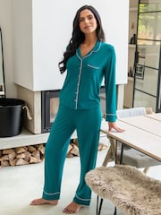 Pour Moi Green Bamboo Jersey Button Through Revere Collar Pyjamas Set - Image 1 of 3