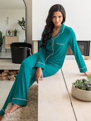 Pour Moi Green Bamboo Jersey Button Through Revere Collar Pyjamas Set - Image 2 of 3