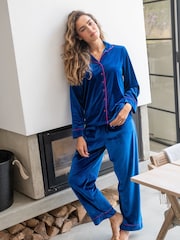 Pour Moi Blue Velour Revere Collar Pyjamas Set - Image 1 of 4