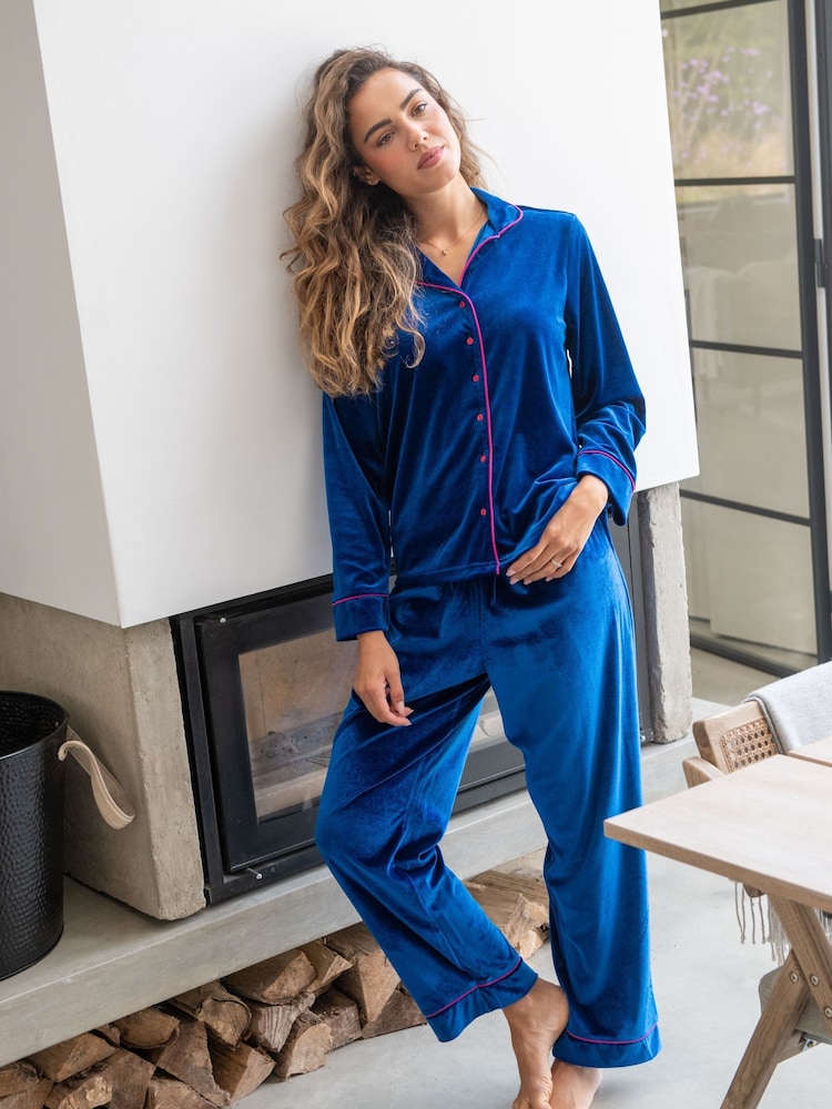 Pour Moi Blue Velour Revere Collar Pyjamas Set - Image 1 of 4