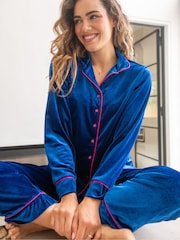 Pour Moi Blue Velour Revere Collar Pyjamas Set - Image 3 of 4