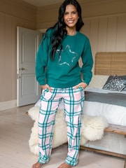 Pour Moi Green 100% Cotton Logo Sweatshirt Cosy Check Pyjamas Set - Image 1 of 4