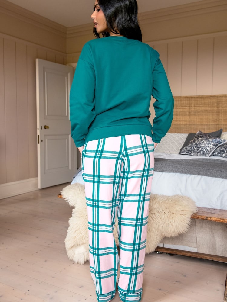 Pour Moi Green 100% Cotton Logo Sweatshirt Cosy Check Pyjamas Set - Image 2 of 4