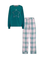 Pour Moi Green 100% Cotton Logo Sweatshirt Cosy Check Pyjamas Set - Image 4 of 4