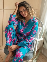 Pour Moi Blue Stretch Cotton Button Through Revere Collar Pyjamas Set - Image 2 of 4