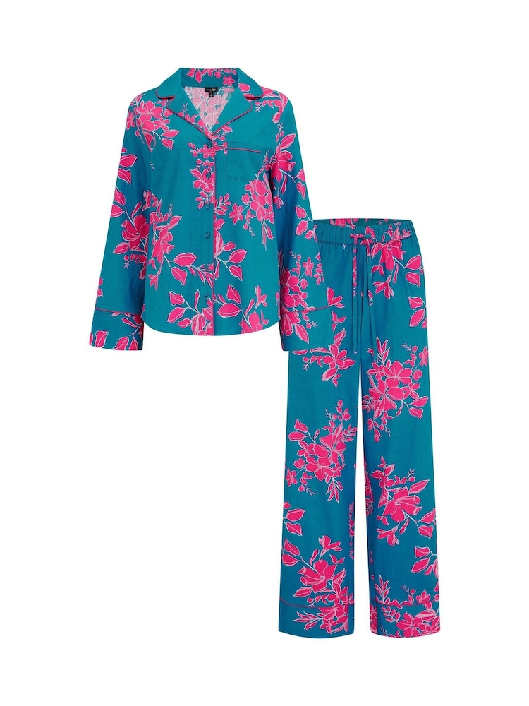 Pour Moi Blue Stretch Cotton Button Through Revere Collar Pyjamas Set - Image 4 of 4