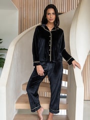 Pour Moi Black Velour Revere Collar Pyjamas Set - Image 1 of 4