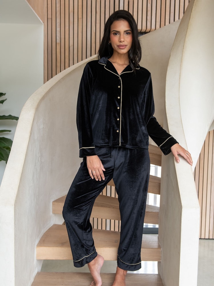 Pour Moi Black Velour Revere Collar Pyjamas Set - Image 1 of 4