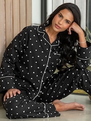 Pour Moi Black Stretch Cotton Button Through Revere Collar Pyjamas Set - Image 3 of 4