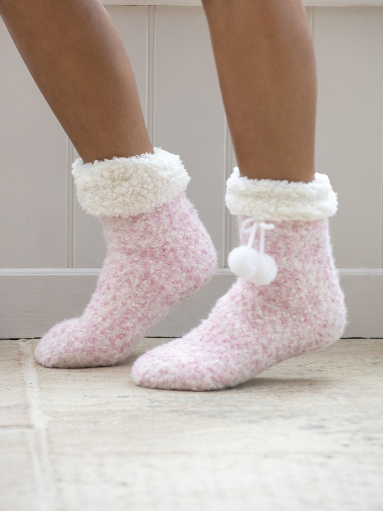 Pour Moi Pink Cosy Cable Knit Lined Slippers Socks - Image 1 of 3
