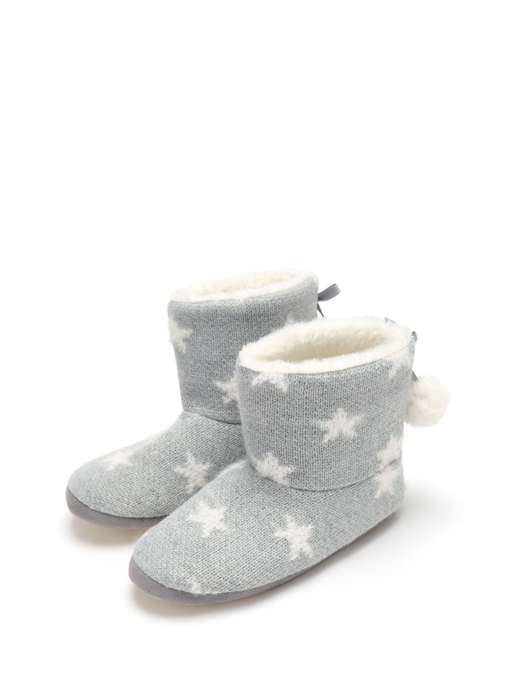 Pour Moi Grey Star Knit Faux Fur Lined Bootie Slippers - Image 3 of 3