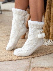 Pour Moi Cream Cosy Cable Knit Lined Slippers Socks - Image 1 of 3