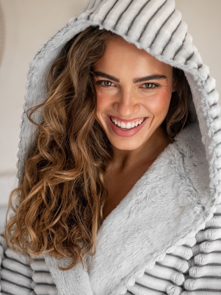 Pour Moi Grey Cosy Ribbed Fleece Midi Hooded Dressing Gown - Image 2 of 4 Pour Moi Grey Cosy Ribbed Fleece Midi Hooded Dressing Gown - Image 2 of 4