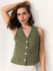 Khaki Green Embroidered Button Down Sleeveless Waistcoat With Linen - Image 3 of 8