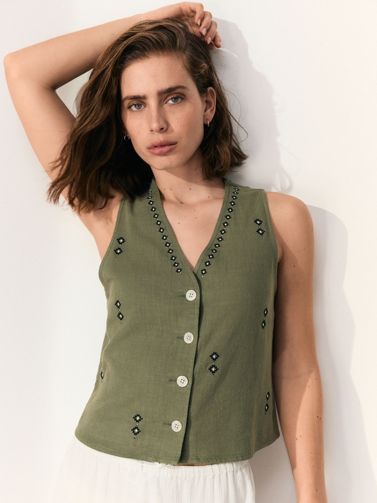 חאקי ירוק רקום - Button Down Sleeveless Waistcoat With Linen - Image 3 of 8
