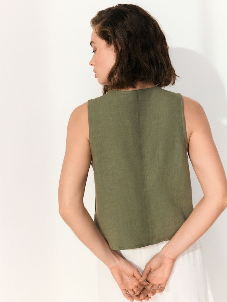 חאקי ירוק רקום - Button Down Sleeveless Waistcoat With Linen - Image 4 of 8
