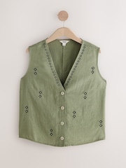 Khaki Green Embroidered Button Down Sleeveless Waistcoat With Linen - Image 6 of 8