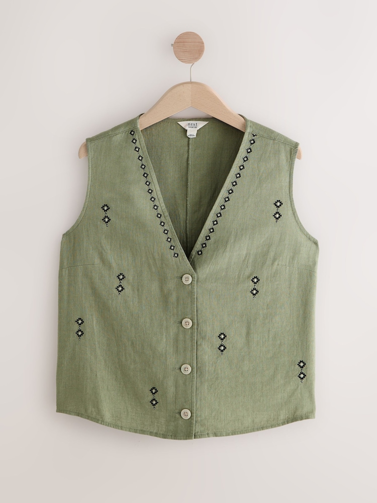 חאקי ירוק רקום - Button Down Sleeveless Waistcoat With Linen - Image 6 of 8