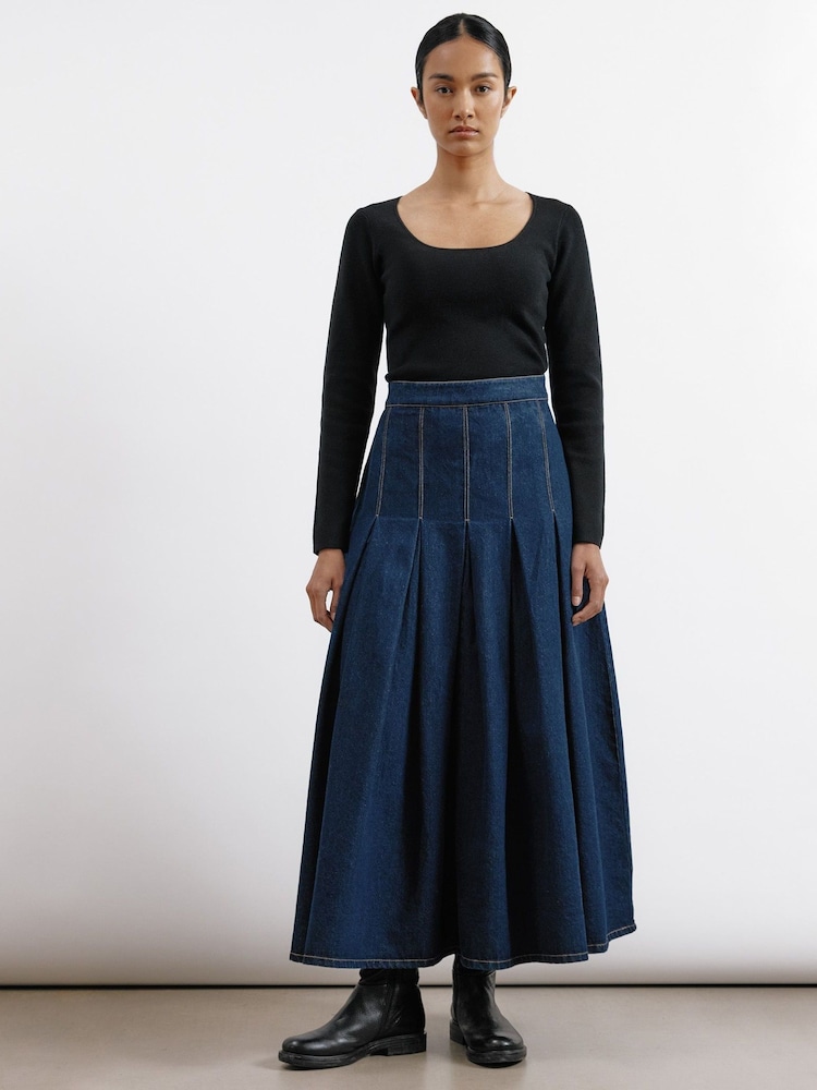 Albaray Blue 100% Cotton Midi Pleat Denim Skirt - Image 1 of 5