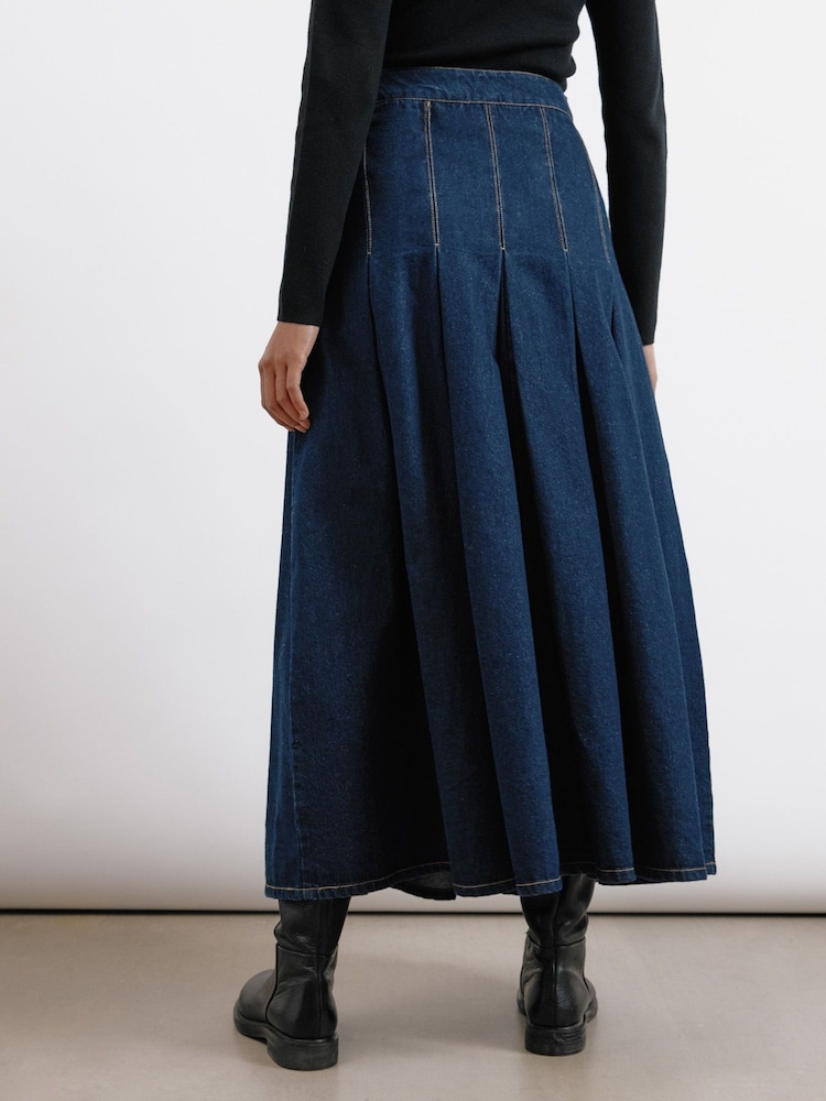 Albaray Blue 100% Cotton Midi Pleat Denim Skirt - Image 2 of 5