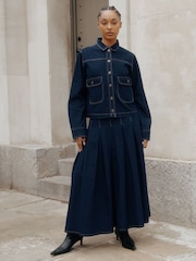 Albaray Blue 100% Cotton Midi Pleat Denim Skirt - Image 4 of 5