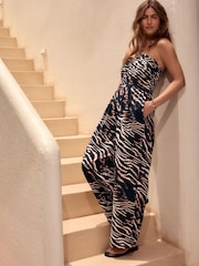 Negro/animal - Halter Neck Wide Leg 100% Cotton Jumpsuit - Imagen 1 de 9