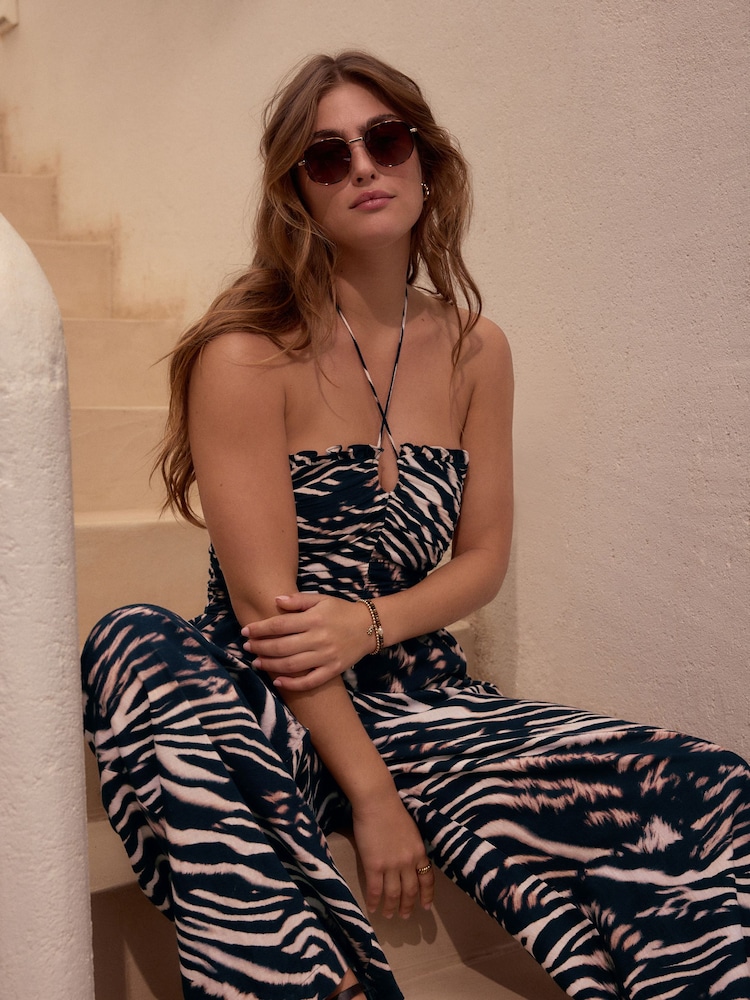 Negro/animal - Halter Neck Wide Leg 100% Cotton Jumpsuit - Imagen 2 de 9