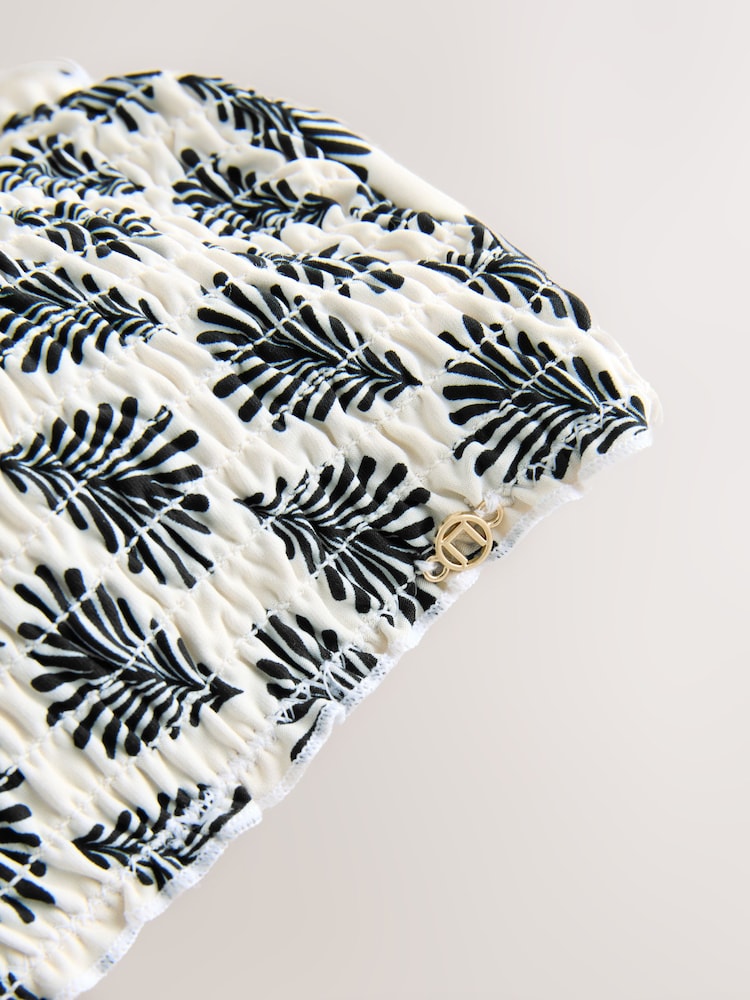Cream/Noir Fan Imprimé - Haut de bikini Bandeau Shirred - Image 6 of 8