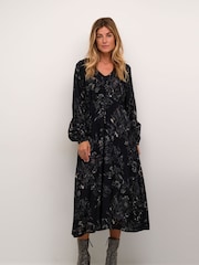 Cream CRLova V-Neck Buttons Long Sleeve Black Dress - Image 1 of 5