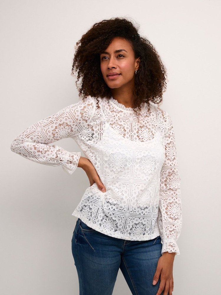 Cream Crtiley Lace Long Sleeve White Blouse - Image 1 of 6
