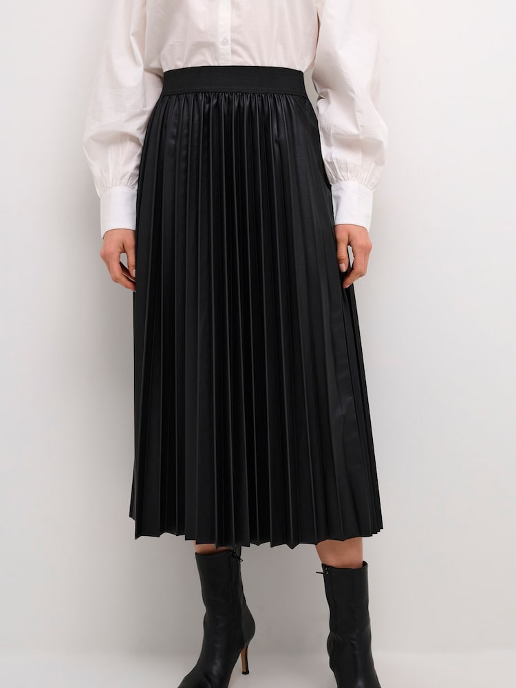 Cream CRPoppi Plissé Elastic Waist Midi Black Skirt - Image 1 of 6