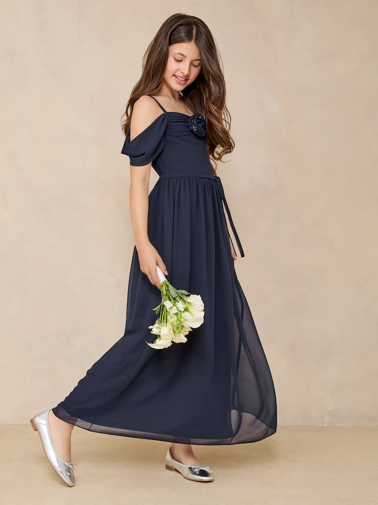 Lipsy Navy Blue Corsage Cold Shoulder Occasion Dress (10-16yrs) - Image 2 of 4